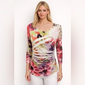 Appraisal Womens Scoop Neck Pullover Top Small White Bold Mod Floral Print